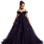 Girls Dark Purple Princess Party Gown | Kids Embellished Tulle Wedding Dress