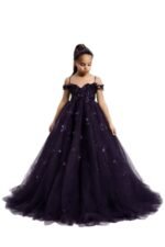 Girls Dark Purple Princess Party Gown | Kids Embellished Tulle Wedding Dress