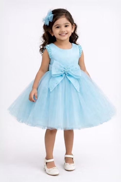14 Girls Blue Princess Party Dress with Bow | Kids Birthday Tulle Dress - Image 1