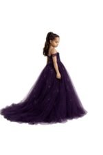 Girls Dark Purple Princess Party Gown | Kids Embellished Tulle Wedding Dress - Image 4