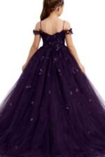 Girls Dark Purple Princess Party Gown | Kids Embellished Tulle Wedding Dress - Image 2