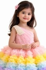 Girls Rainbow Tulle Party Dress | Multi Color Ruffle Princess Birthday Dress