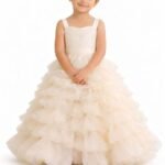 Girls Cream Ruffle Princess Gown Kids Birthday Party Dress