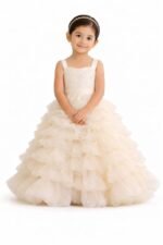 Girls Cream Ruffle Princess Gown Kids Birthday Party Dress