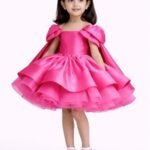 Girls Hot Pink Party Dress Kids Birthday Princess Dress With Cape Sleeves