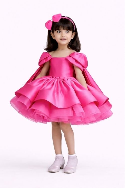 68 Girls Hot Pink Party Dress Kids Birthday Princess Dress With Cape Sleeves - Image 1