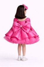 Girls Hot Pink Party Dress Kids Birthday Princess Dress With Cape Sleeves - Image 2