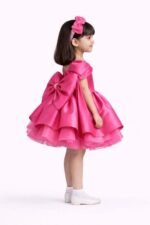 Girls Hot Pink Party Dress Kids Birthday Princess Dress With Cape Sleeves - Image 4
