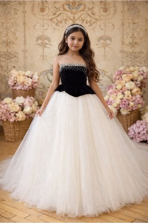 9 Girls Black & Ivory Princess Party Gown | Kids Wedding Dress - Image 1