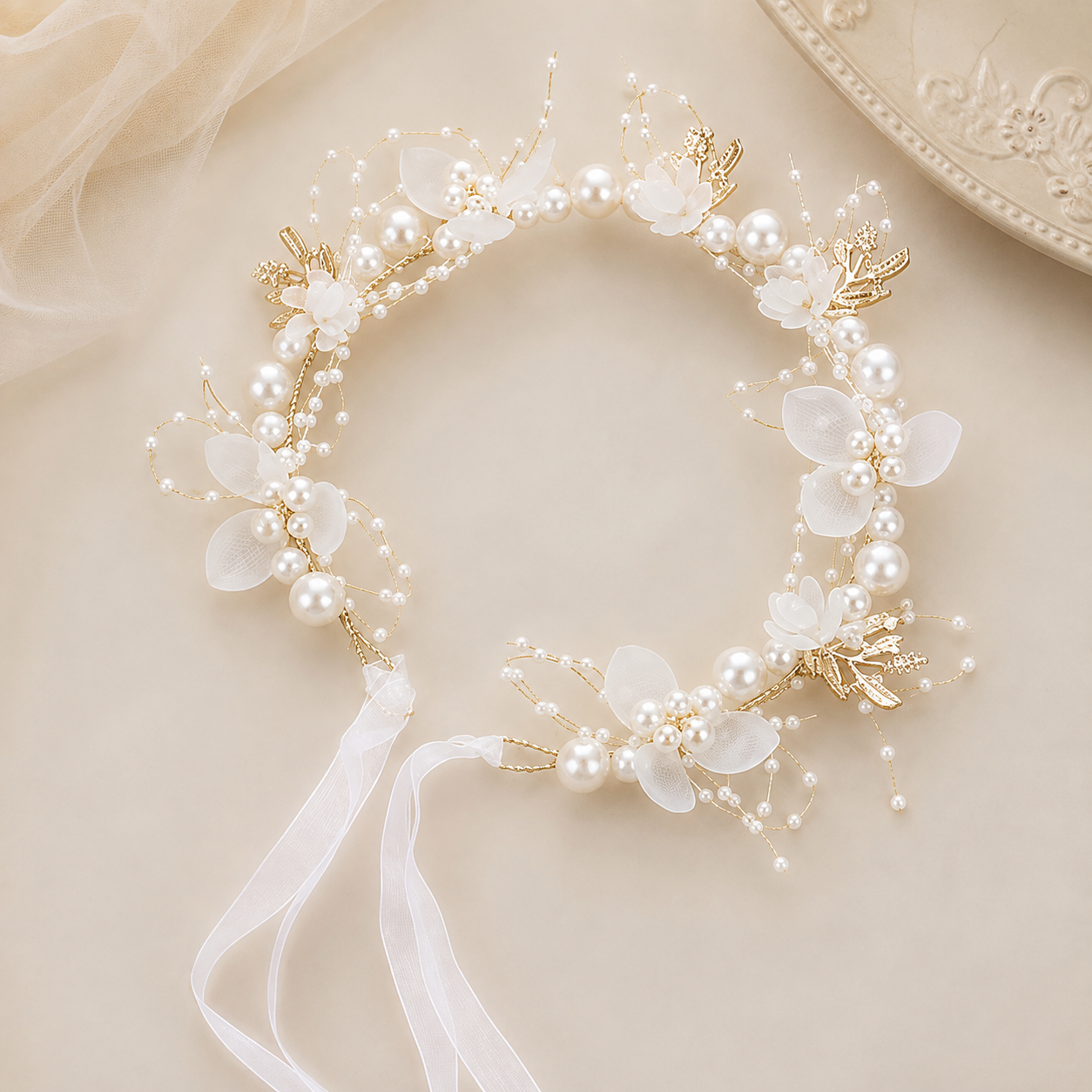 12fe236c-4939-4da8-8569-bbece724c040 PAKHIRA Girls Pearl & Floral Hair Vine Tiara | Adjustable Gold Hair Crown with White Flowers & Ribbon Tie | Wedding, Birthday, Communion & Party Hair Accessory - Image 1
