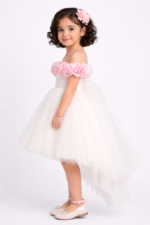 Ivory Floral Off-Shoulder High-Low Party Dress for Girls - Image 5
