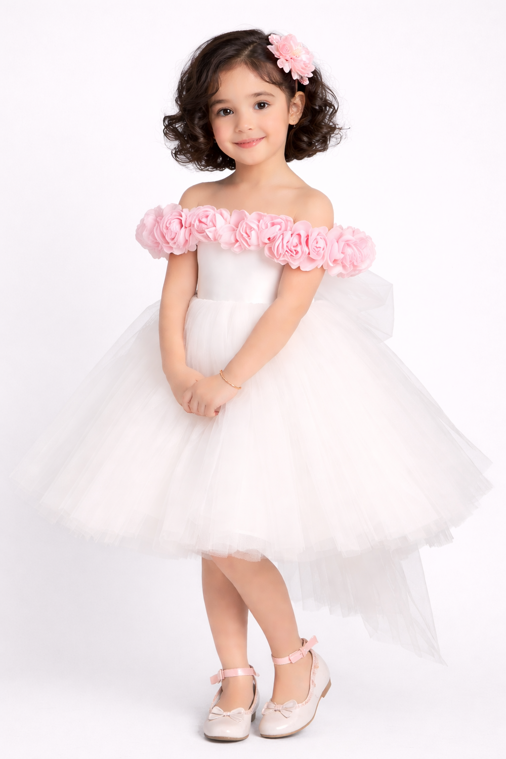 629d83dd-0635-4161-9a72-d67c7f3be9fd Ivory Floral Off-Shoulder High-Low Party Dress for Girls - Image 1