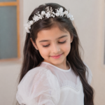 PAKHIRA Girls Pearl & Floral Hair Vine Tiara | Adjustable Gold Hair Crown with White Flowers & Ribbon Tie | Wedding, Birthday, Communion & Party Hair Accessory - Image 2