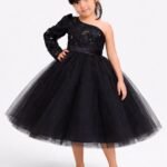 Pakhira Girls Black One Shoulder Party Midi Dress