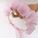 Girls Pink Floral Headband | Handmade Flower Hair Crown with Ribbon Tie