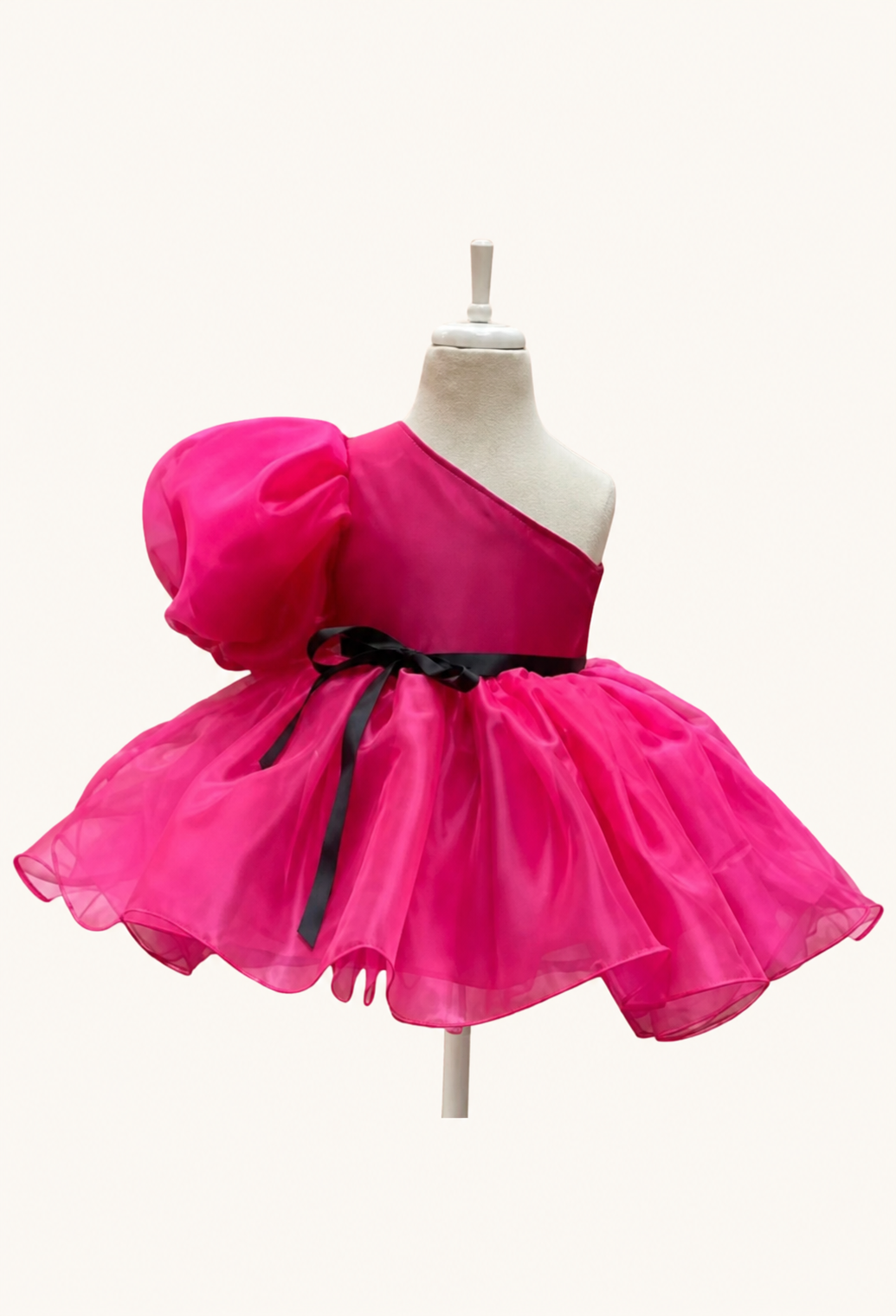 pink-barbie-dress Hot Pink One-Shoulder Puff Sleeve Party Dress for Girls - Image 1